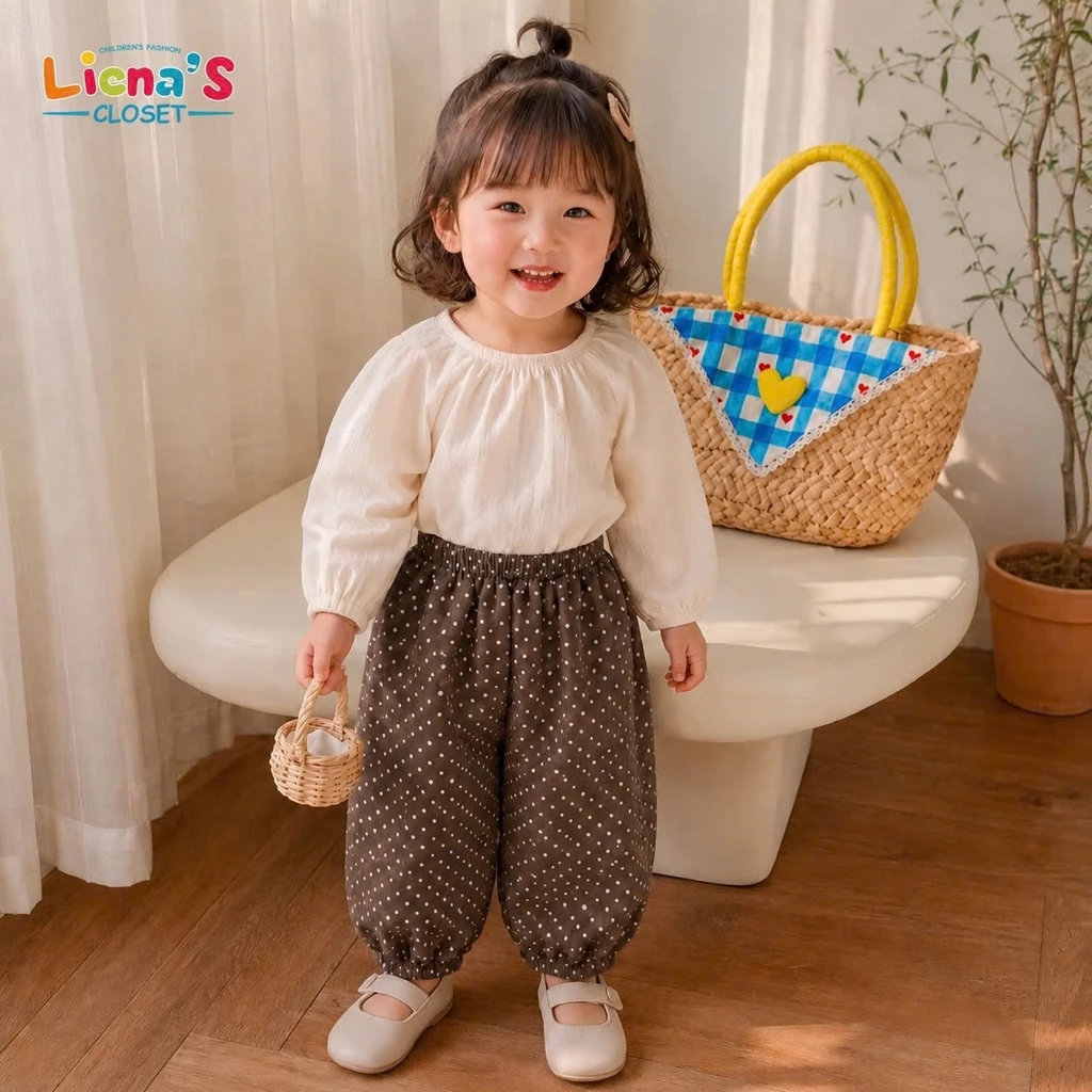 Quần Bom Bé Gái Chấm Bi Phong Cách Hàn Quốc, quần dài cho bé gái Mềm Mát Cho Bé Liena’s Closet