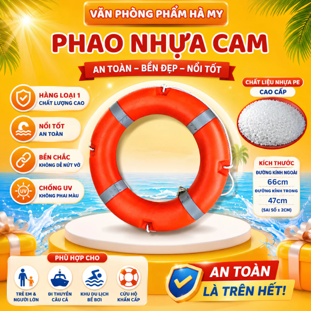 Phao Tròn Cứu Sinh, Phao Nhựa Cứu Nạn Cứu Hộ Màu Cam Phản Quang, Phao Nhựa Cam