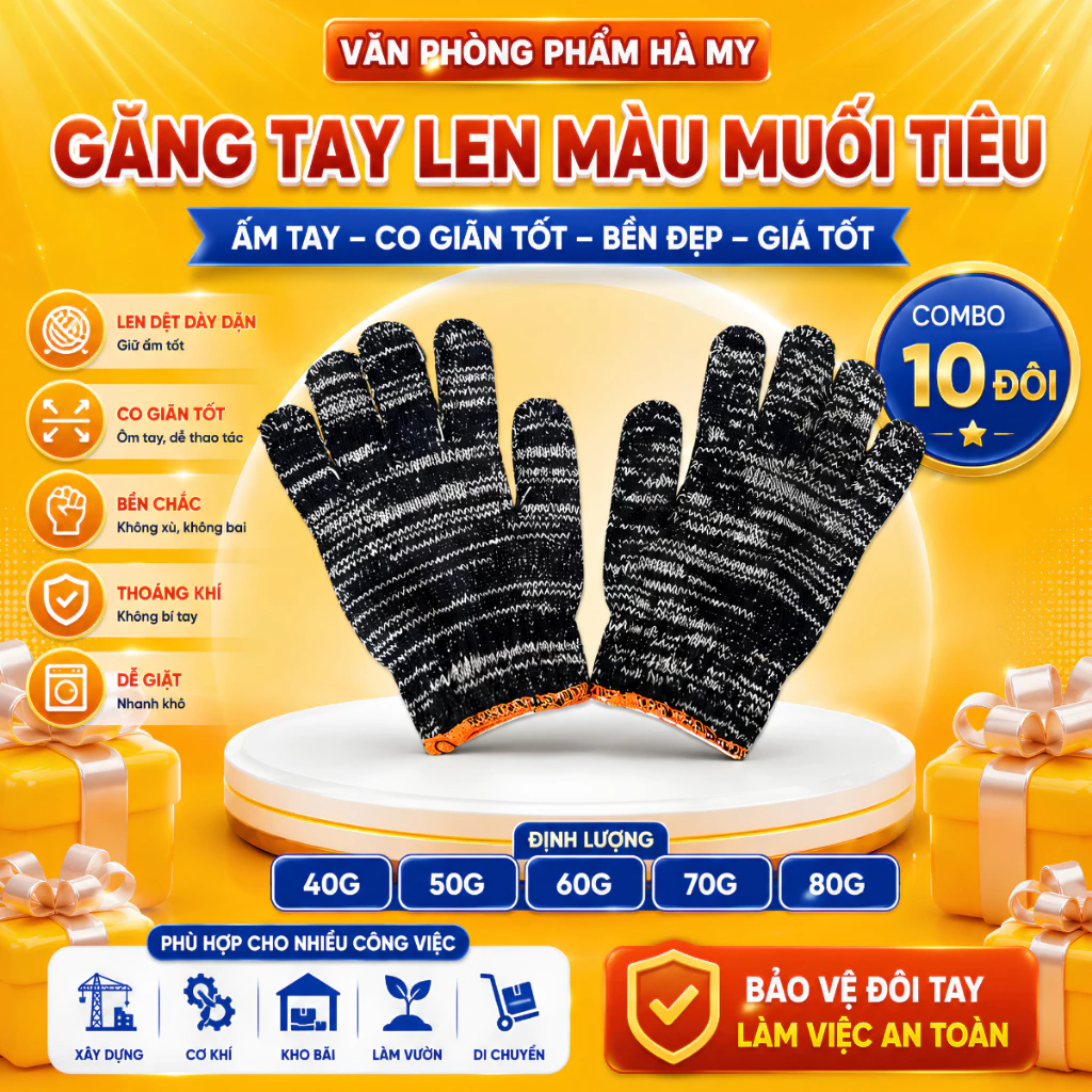 Combo 10 Đôi Găng Tay Len Bảo Hộ Lao Động MÀU MUỐI TIÊU, Găng Tay Làm Vườn