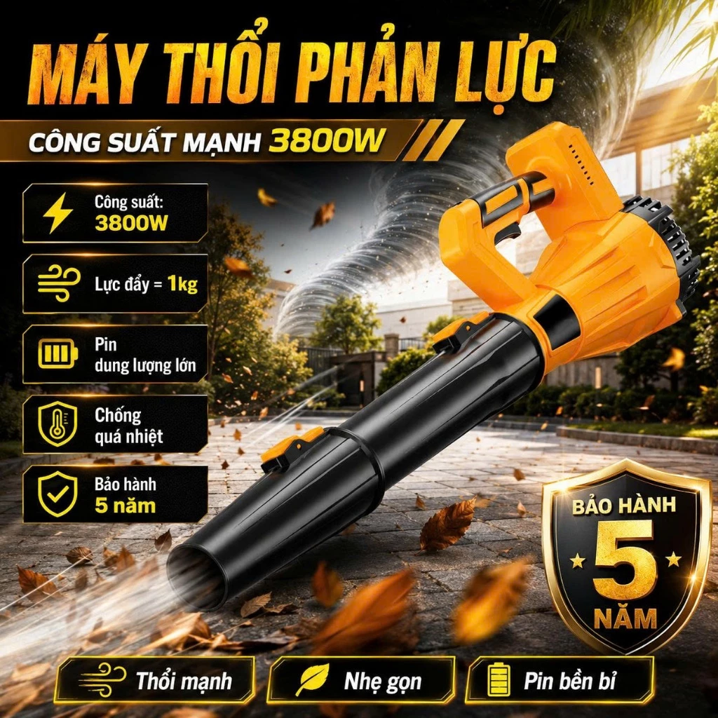 Máy Thổi Phản Lực Không Dây Cầm Tay Siêu Mạnh Công Suất Lớn 3800W, Thổi Bụi Lá Cây Cực Nhanh, Hoạt Động Mạnh Mẽ, Bền Bỉ