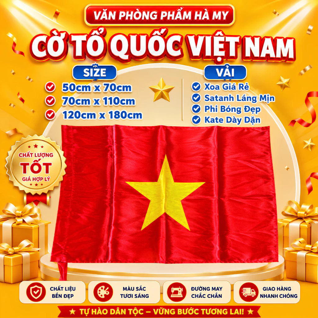 Cờ Tổ Quốc Việt Nam, Lá Cờ Đỏ Sao Vàng Nhiều Size Nhiều Chất Vải Cao Cấp