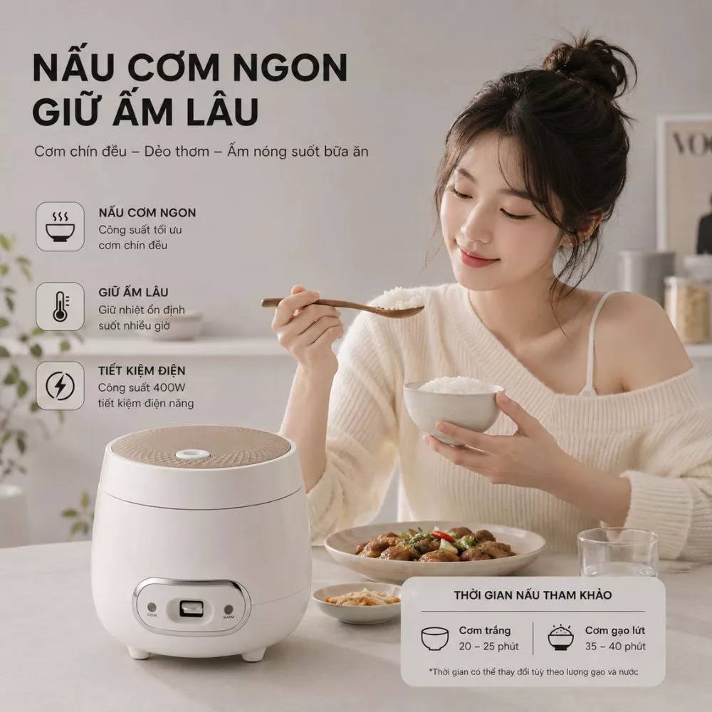 Nồi Cơm Điện Cao Cấp Mishio MK233 Dùng Cho 1-3 Người Ăn Dung Tích 0.8L Chuyên Nấu Cơm Ngon