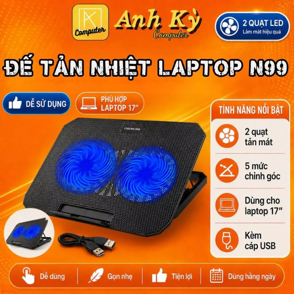 Đế Tản Nhiệt Laptop N99 2 Quạt LED Lớn, Giá Đỡ Chỉnh Góc Cho Laptop 12-17 Inch, Chống Trượt Chắc