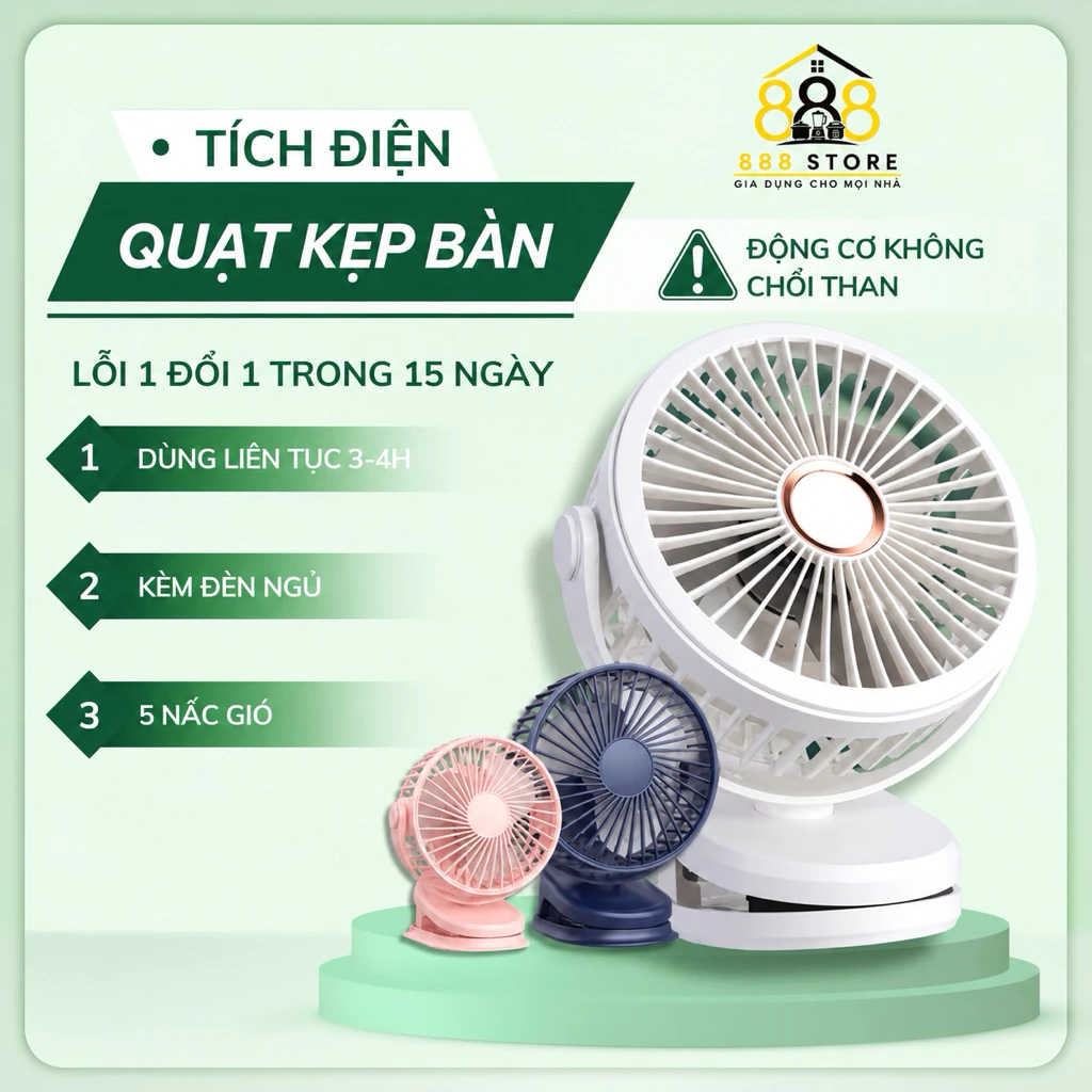 Quạt Kẹp Bàn Mini Tích Điện 5 Mức Độ Có Đèn LED Pin 5000 MHA & 10000 MHA Cao Cấp Dùng Liên Tục 10 Giờ Tiết Kiệm Thời Gia