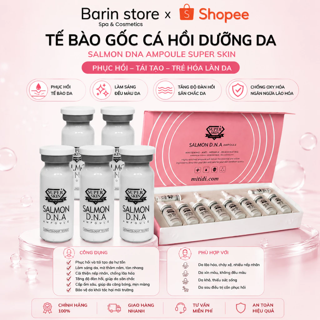 Tế Bào Gốc Cá Hồi Super Skin Salmon DNA Ampoule Dưỡng Da Căng Bóng Trắng Sáng Mịn Da