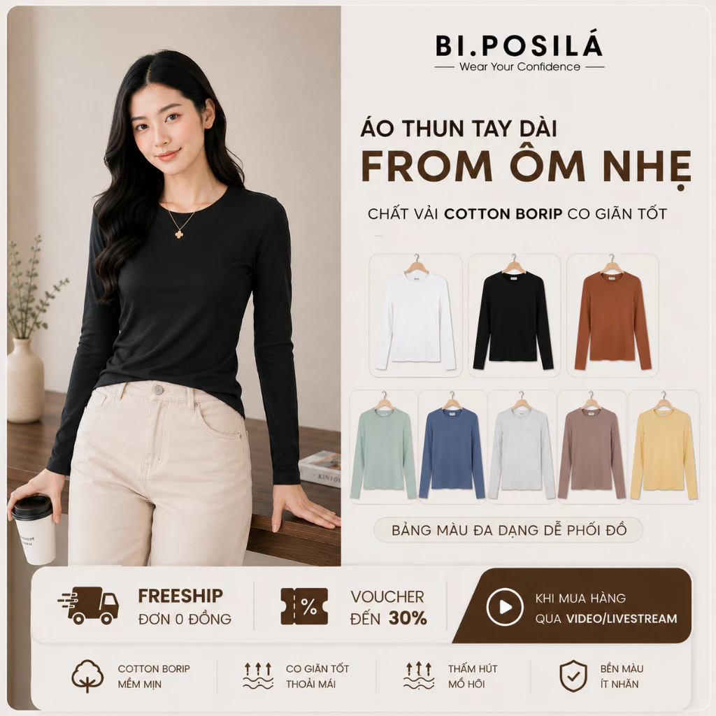 [A15- MÀU MỚI] BI.POSILÁ - ÁO THUN ÔM VỪA BASIC CỔ TRÒN DÀI TAY VẢI COTTON BORIP MỀM MỊN THOẢI MÁI - Áo Thun Ôm body nữ