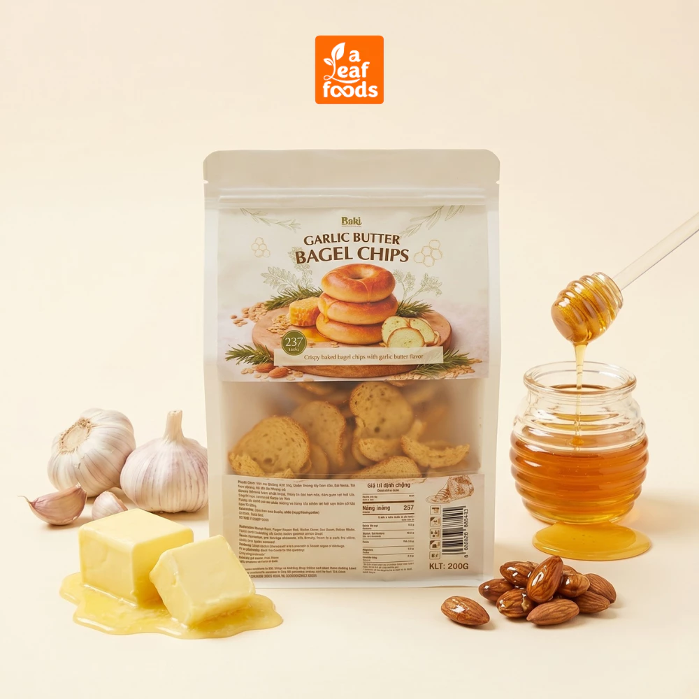 [Link lẻ quà tặng ] Bánh Mì Sấy Bơ Tỏi Mật Ong Baki Foods Bagel Chips 200g Snack Healthy Ít Calo Giòn Rụm A Leaf Foods