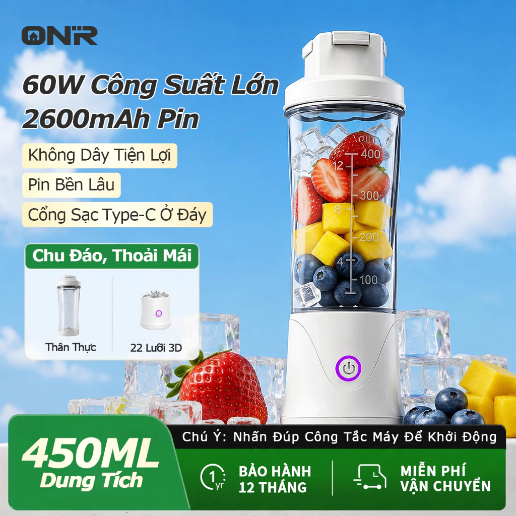 Máy Ép Trái Cây Cầm Tay 450ml, Lưỡi Dao 22 Cánh, 20000 Vòng/Phút, Công Suất Lớn 50W, Ép Đá Được