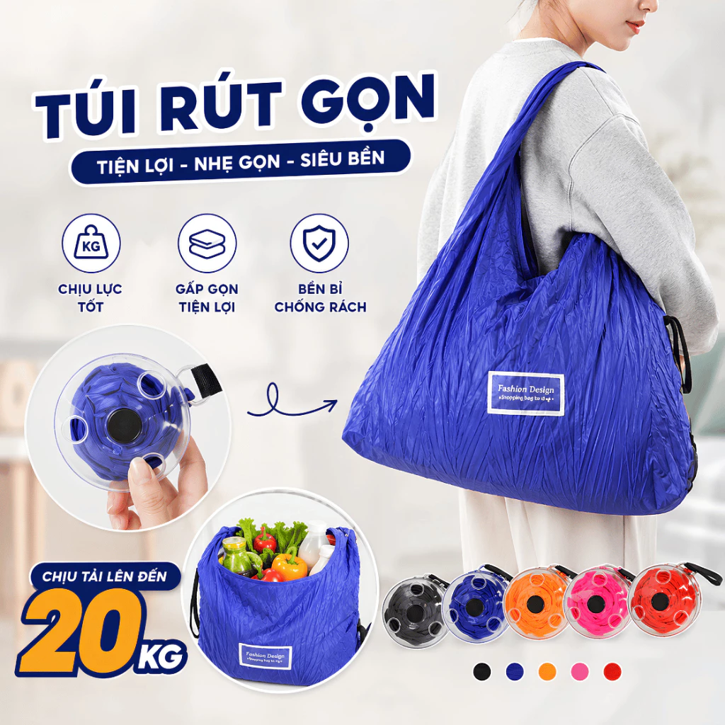 Túi Đi Chợ Rút Gọn TORO Tự Cuộn Mini, Túi Vải Dù Đựng Đồ Đi Siêu Thị Du Lịch Tái Sử Dụng Tiện Lợi
