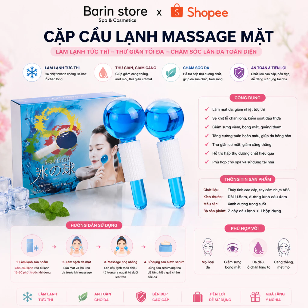 Cặp Cầu Lạnh Massage Mặt Đẩy Sâu Tinh Chất Thư Giãn Da Mặt