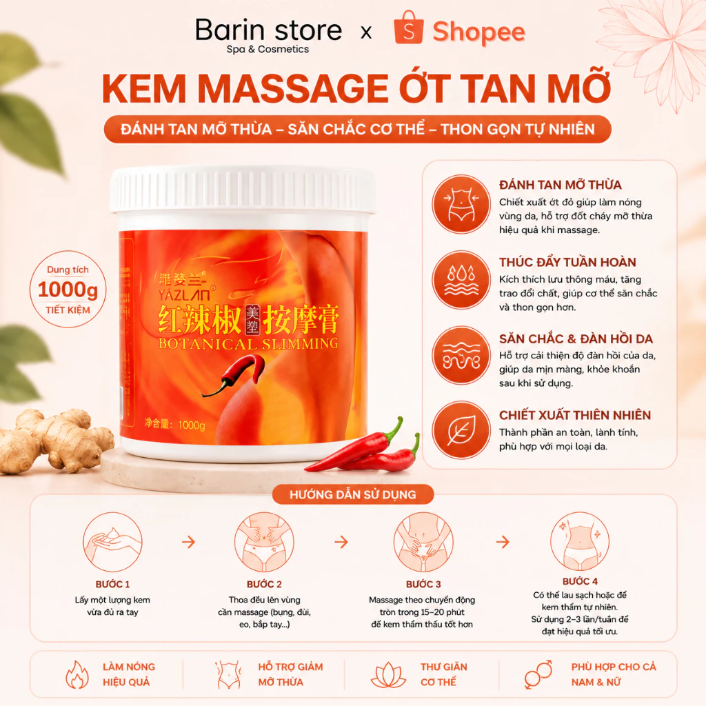 Kem Massage Ớt Tan Mỡ Bụng Giảm Béo YAZLAN 1000g