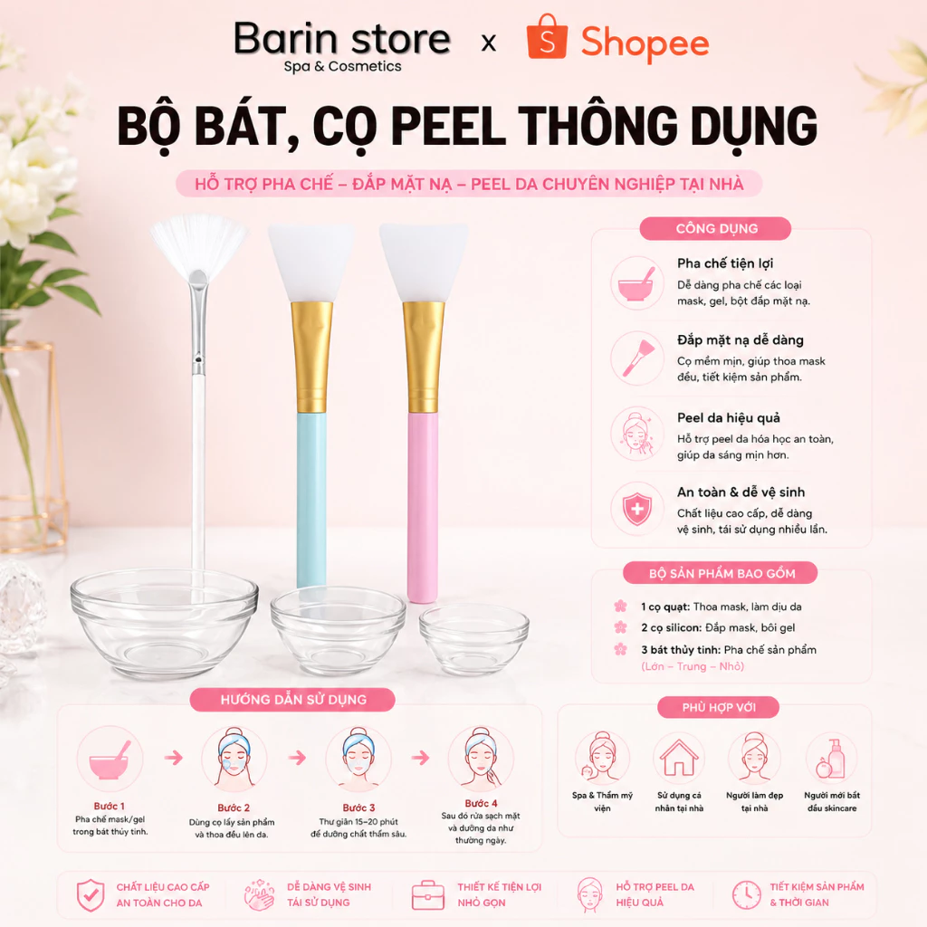 Chổi Cọ Silicon, Bát Thủy Tinh, Cọ Peel Da Chuyên Dùng Trộn Đắp Mặt Nạ Dùng Cho Cá Nhân Spa
