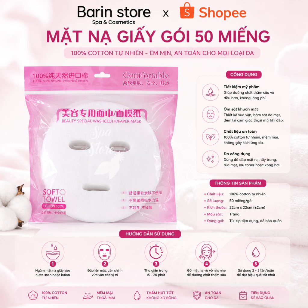 Mặt Nạ Giấy Gói 50 Miếng Dùng Đắp Mặt Nạ Chuyên Dụng Trong Spa