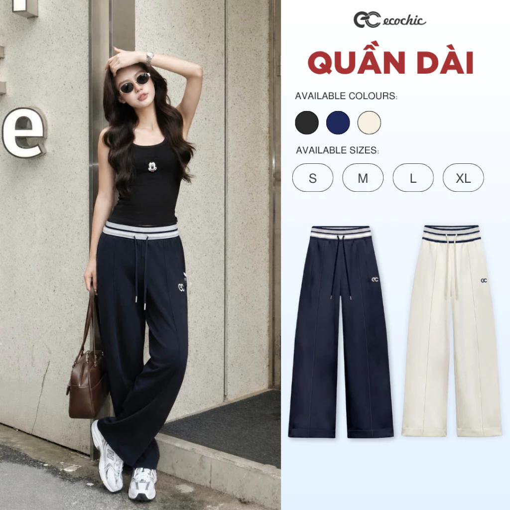 Quần Suông ECOCHIC Ống Rộng Phối Viền Cạp Cao Dây Rút Chất Liệu Thoáng Mát Cao Cấp Chính Hãng B232