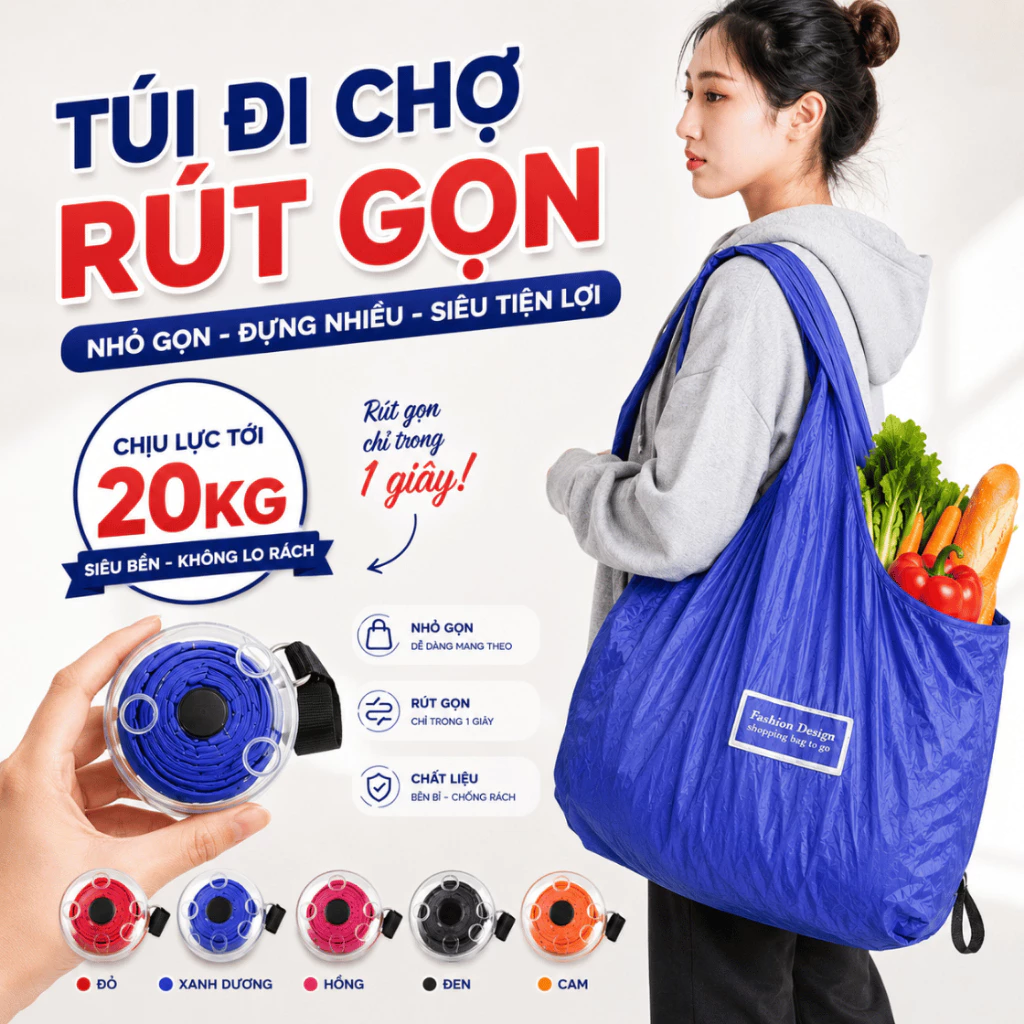 Túi Đi Chợ Đi Bơi Rút Gọn Tự Cuộn, Túi Vải Dù Đựng Đồ Đi Siêu Thị Mini Tái Sử Dụng, Túi Mua Sắm Tiện Lợi Chống Nước