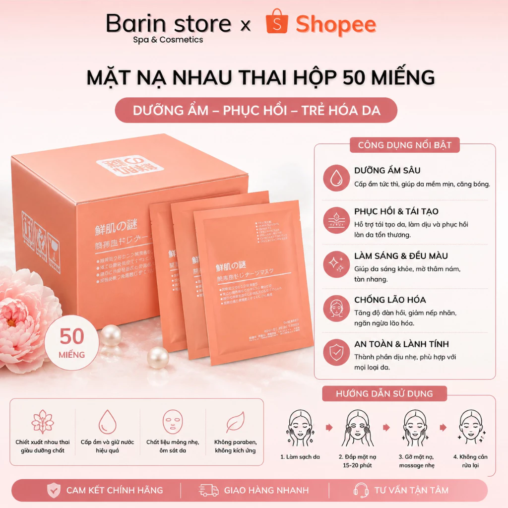 Hôp 50 Miếng Mặt Nạ Tế Bào Gốc, Mặt Nạ Nhau Thai Nhật Bản Mặt Nạ Trắng Da