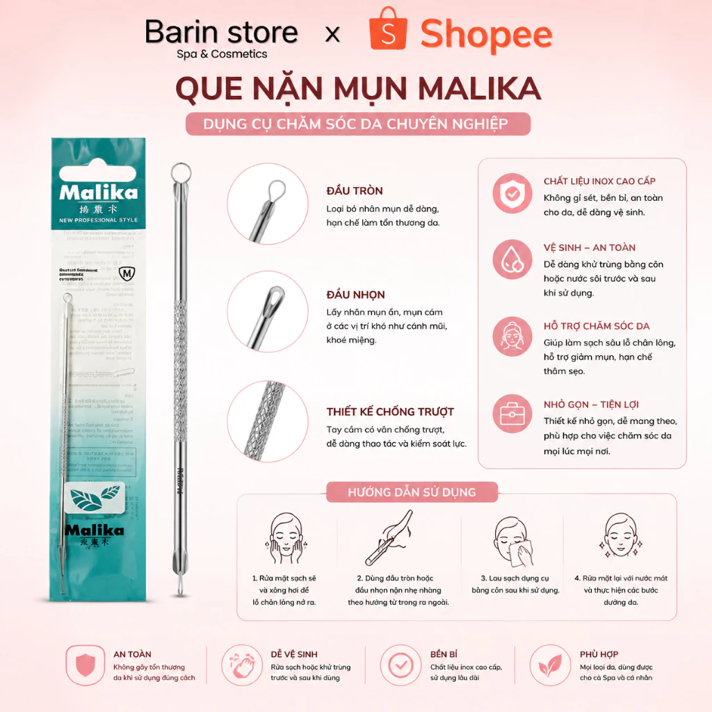 Cây Nặn Mụn, Que Năn Mụn Inox 2 Đầu Malika ( Combo 10 Que )