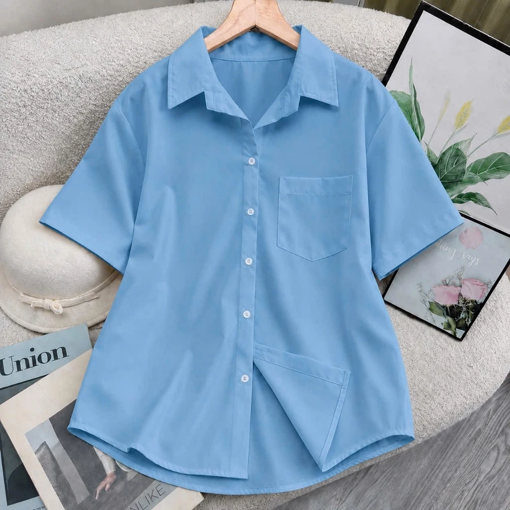 Áo sơ mi nữ Bigsize ĐẬU kiểu dáng phom rộng tay ngắn đi học đi làm công sở nhẹ nhàng vải lụa thoáng mát - SM1T