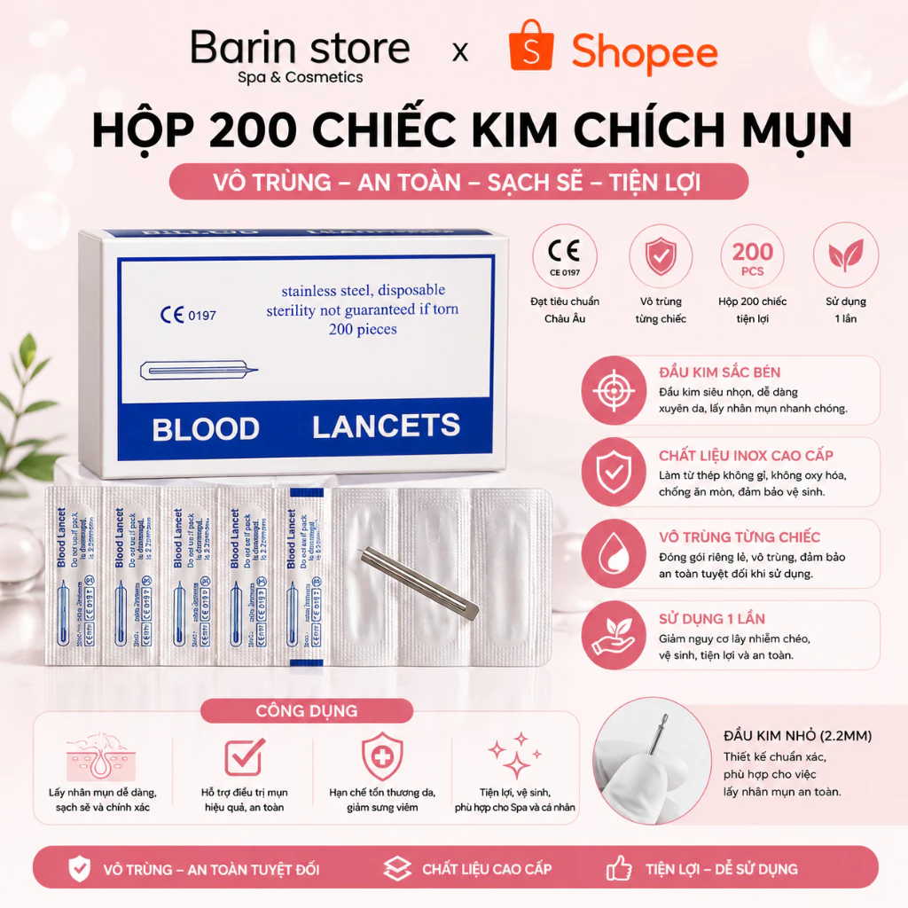 Kim Nặn Mụn, Lấy Mụn, Lấy Máu, Chính Hãng Blood Lancets-Hộp 200 Chiếc