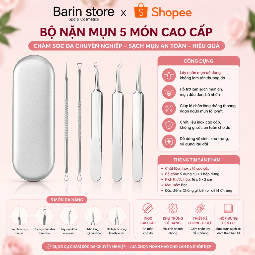 Bộ Dụng Cụ Nặn Mụn 5 Chi Tiết Cao Cấp Không Gỉ