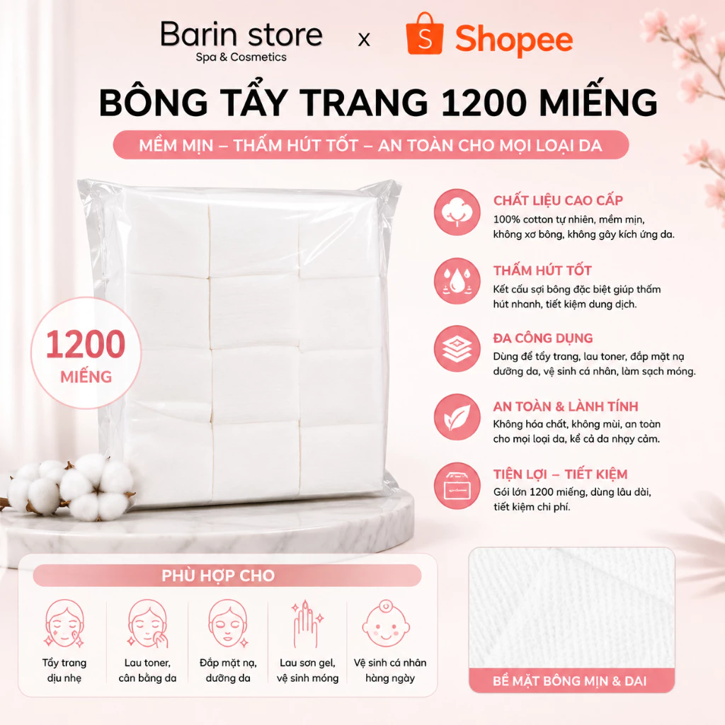 Bông Tẩy Trang Hình Chữ Nhật Siêu Gòn Mềm Mịn (1200 miếng)