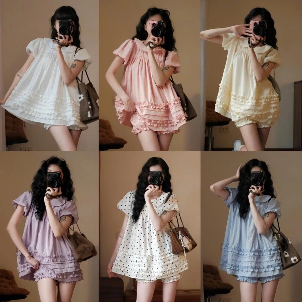 (Tặng quần bí) Áo Váy Babydoll Cổ Sen 2 Lớp Form Rộng Gấu Viền Bèo Kèm Quần Bí Phồng Bo Chun 247Store