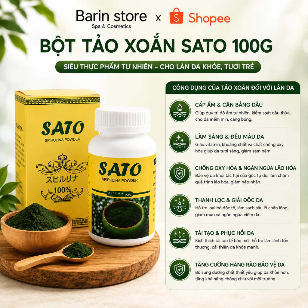 Bột Tảo Xoắn Sato Nhật Bản, Cấy Tảo Nano Trắng Sáng Da, Mịn Màng Xóa Thâm Hộp 100g