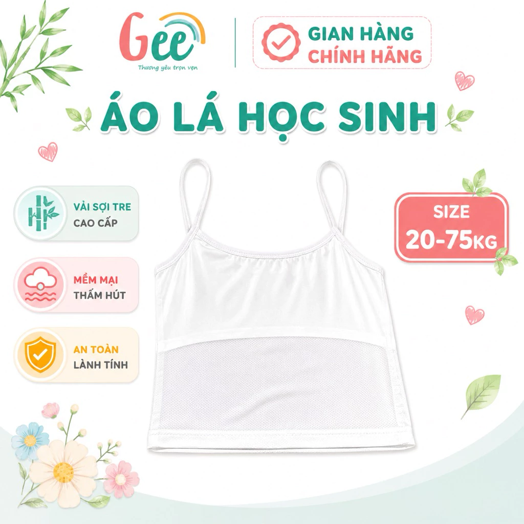 Áo lá bé gái Gee hai dây form dài, dây mảnh, áo lót nữ học sinh vải sợi tre size 20-50kg, mềm mịn, thấm hút, co giãn
