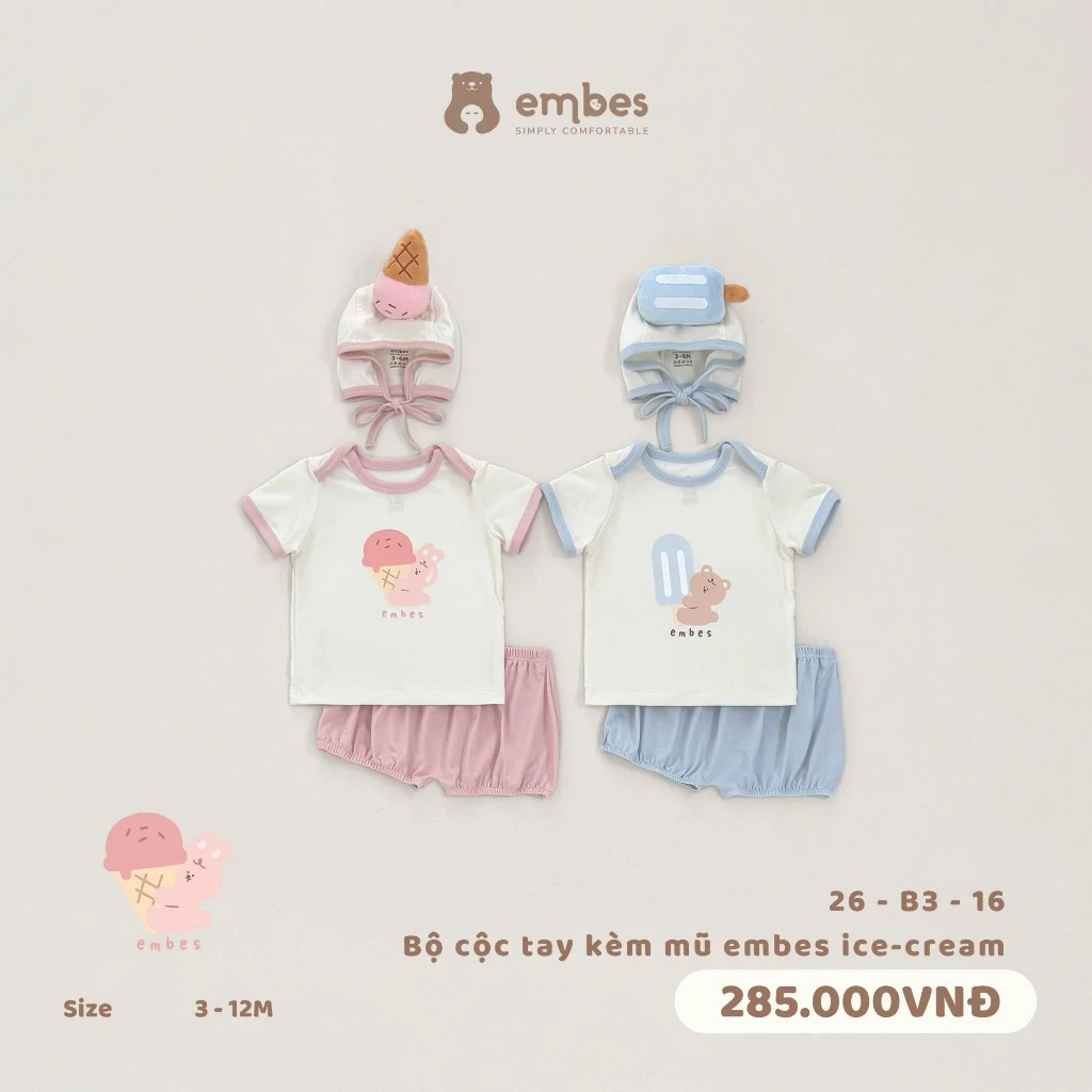 Bộ Cộc Sơ Sinh Embes, Bộ Cộc Tay In Hình Kèm Mũ Gắn Họa Tiết Cho Bé Trai Bé Gái Size Từ 0-9 Tháng
