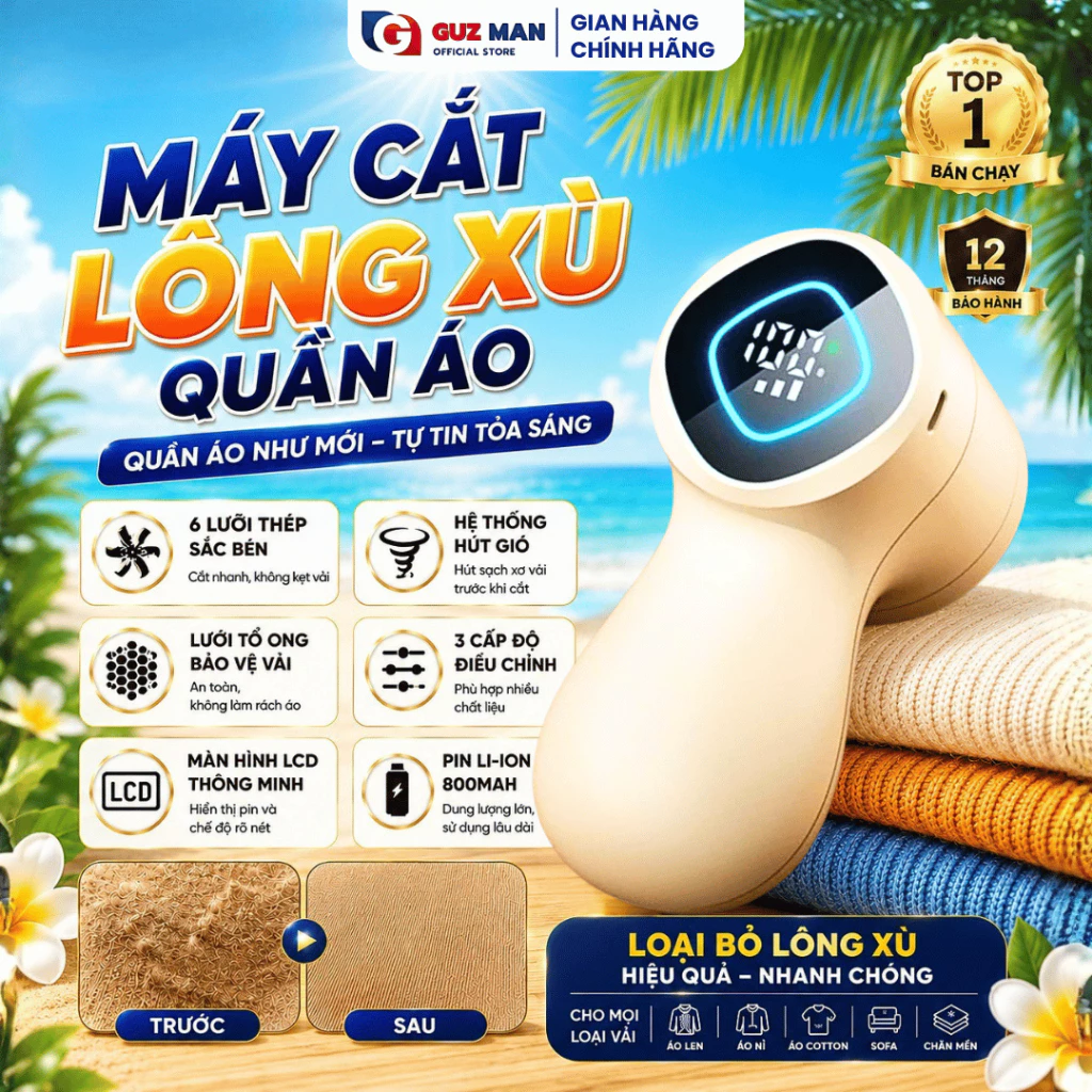 Máy Cắt Lông Xù Quần Áo Không Dây 6 Lưỡi Cắt – 3 Cấp Độ, Màn Hình LED Thông Minh, Pin 800mAh