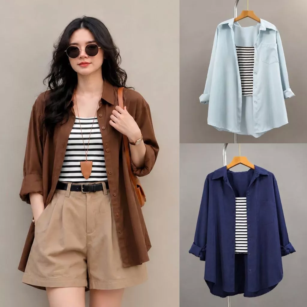Áo Sơ Mi Bigsize Nữ Tay Dài Form Trơn Basic Phối Áo Dây Kẻ Sọc Cá Tính Năng Động - (SM20+A356)