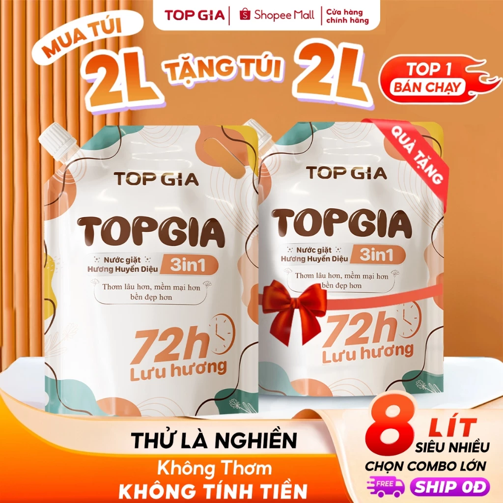 Nước Giặt TopGia 3in1 Hương Huyền Diệu Dịu Nhẹ Làm Sạch Vết Bẩn, Lưu Hương 72h, Túi 2L