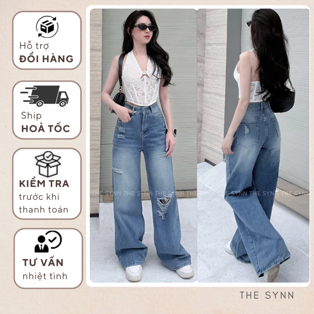 QJ71 - Quần Jean Nữ Ống Rộng Wash Xanh Nhạt Phối Rách