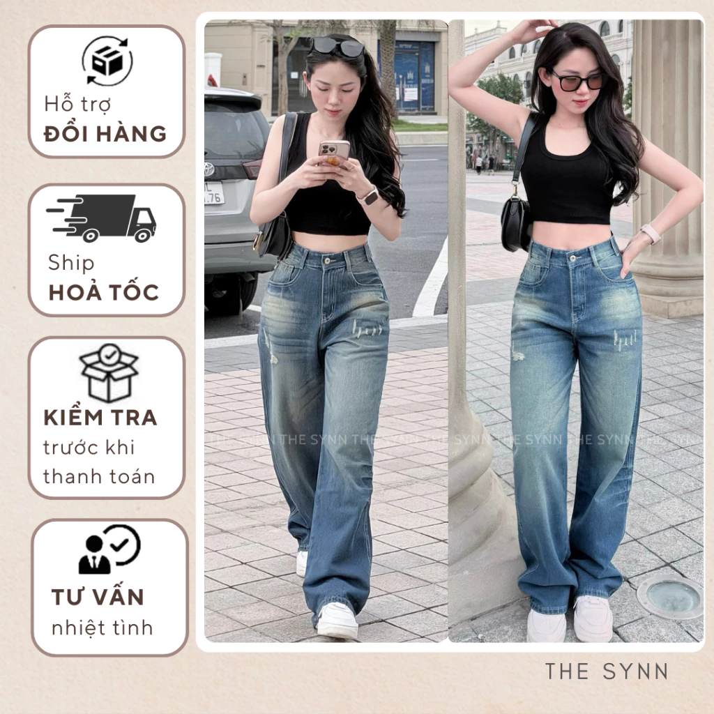 0867 - Quần Jean Nữ Ống Rộng Wash Xanh Đậm Phối Rách Nhẹ Phong Cách