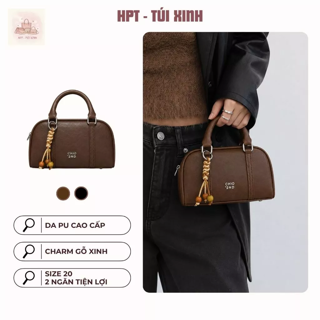 𝐂𝐓𝟎𝟏𝟕 - Túi xách nữ da PU hai ngăn cao cấp, túi quai xách kèm dây đeo chéo kèm charm gỗ đi làm đi chơi