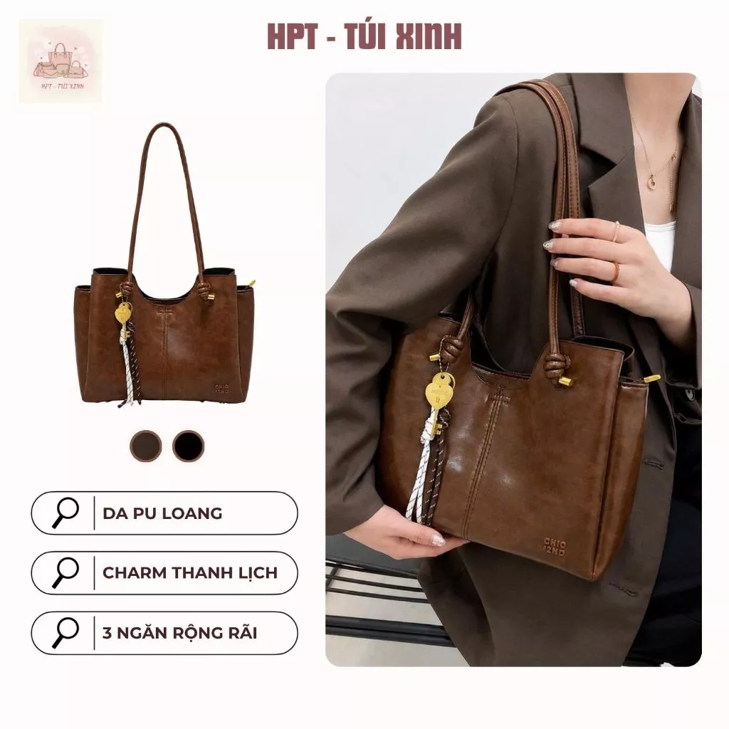 𝐂𝐓𝟎𝟎𝟕 - Túi tote nữ công sở da PU nhiều ngăn, túi xách thời trang đi làm đi học kèm charm gỗ siêu xinh