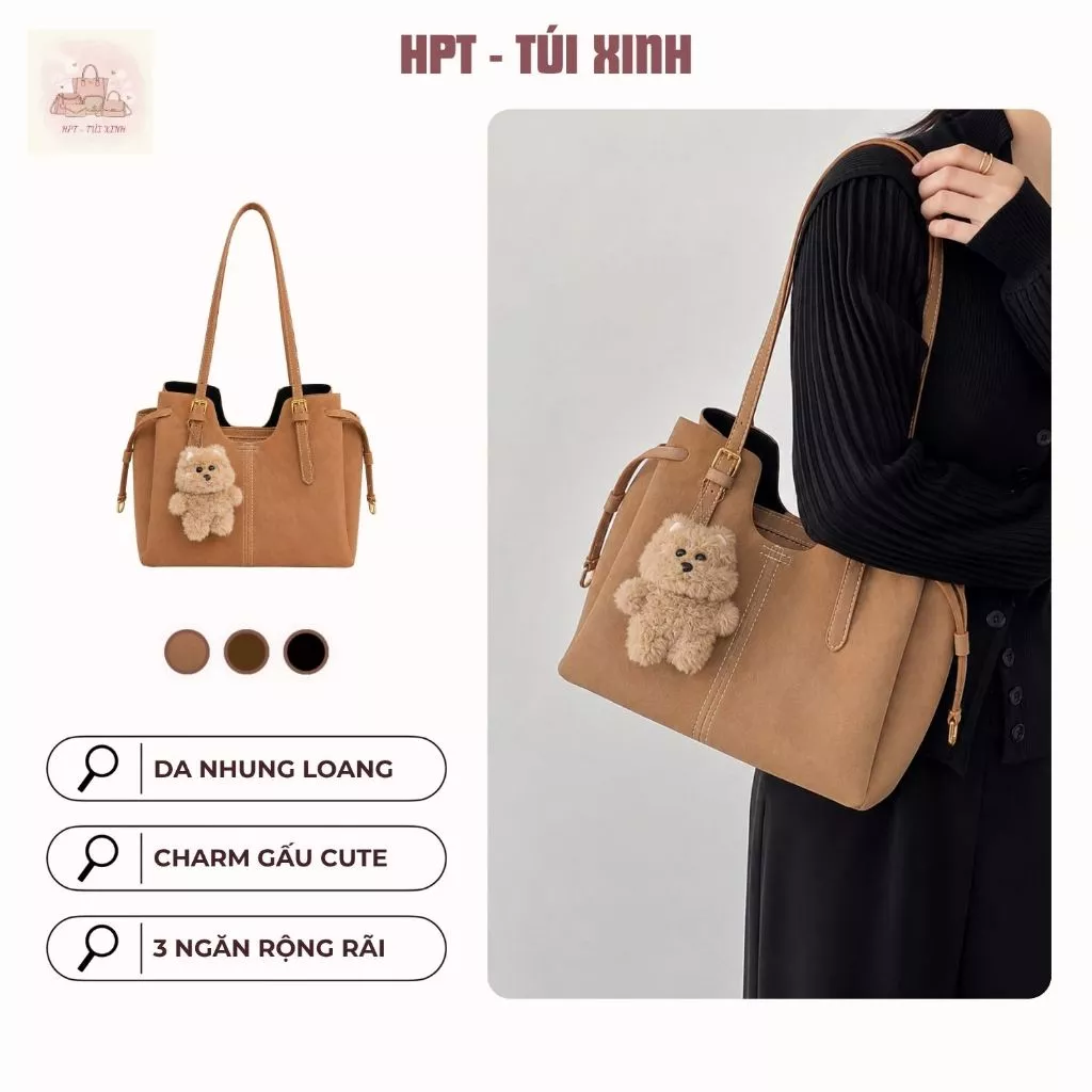 𝐂𝐓𝟎𝟎𝟖 - Túi tote da nhung loang công sở kèm charm gấu đeo vai thanh lịch dung tích lớn vintage 30cm
