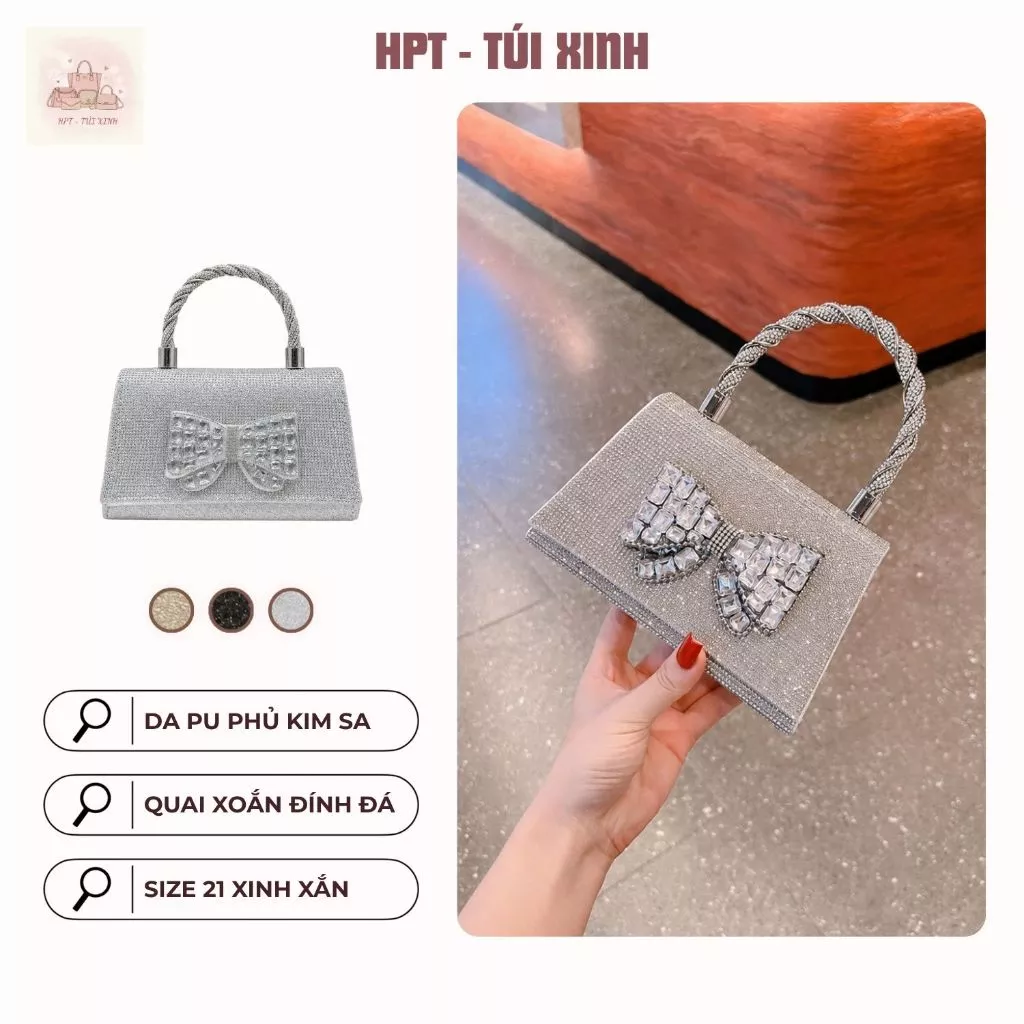 Túi xách nữ cầm tay đeo chéo quai xoắn lấp lánh phối nơ đá bản to đính đá, túi đi tiệc hẹn hò sang chảnh