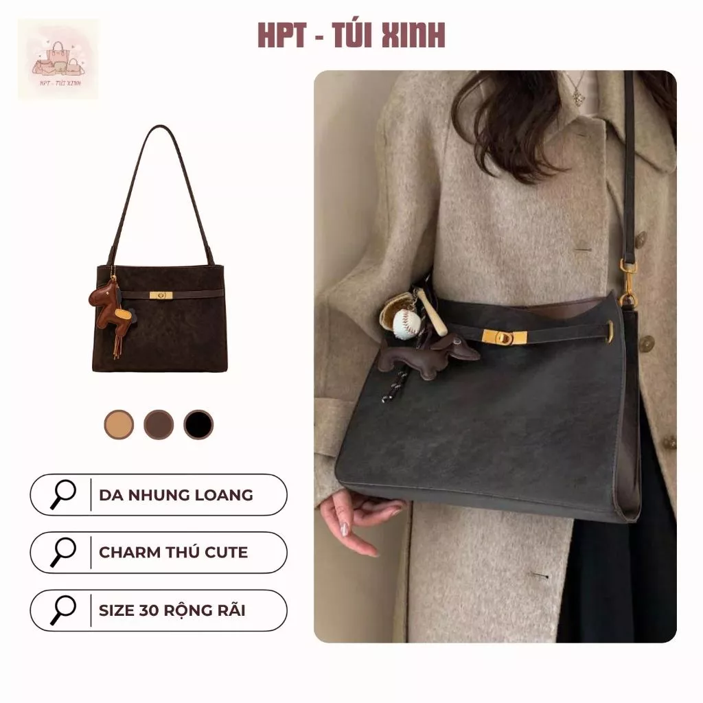 𝐂𝐓𝟎𝟏𝟔 - Túi xách nữ đeo vai da PU nhung loang tặng kèm charm ngựa cute, túi tote thời trang đi làm đi chơi size 30 cm