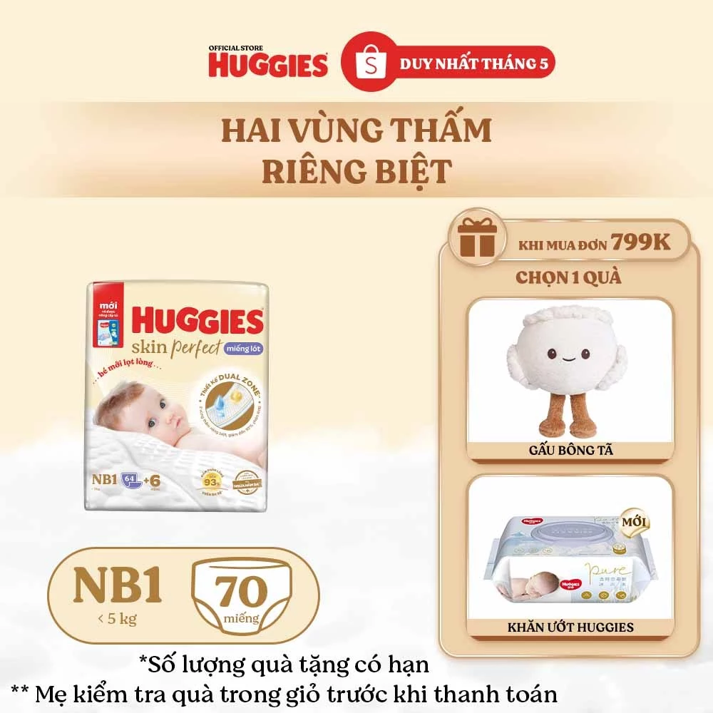 Miếng lót sơ sinh Huggies Skin Perfect NB1 64+4 miếng với 2 vùng thấm giảm kích ứng da