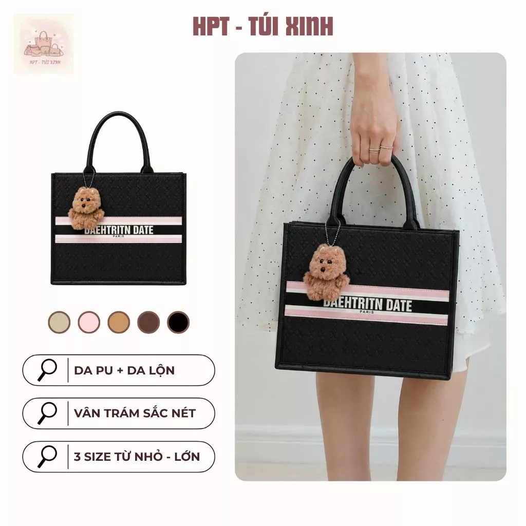 𝐂𝐓𝟎𝟐𝟖 - Túi công sở nữ da PU cao cấp vân trám kèm charm gấu, túi tote nhiều màu thời trang đi học đi làm đi chơi