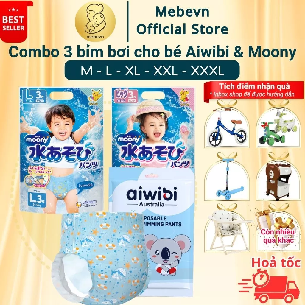 Combo 3 bỉm bơi cho bé cao cấp Moony - Nhật Bản, bỉm đi bơi cho bé cao cấp, không nặng tã khi bơi