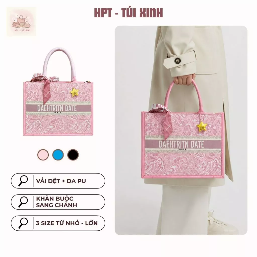Túi tote thổ cẩm kèm khăn buộc cao cấp, túi công sở thời trang nữ sang chảnh đủ size 26/35/41 cm