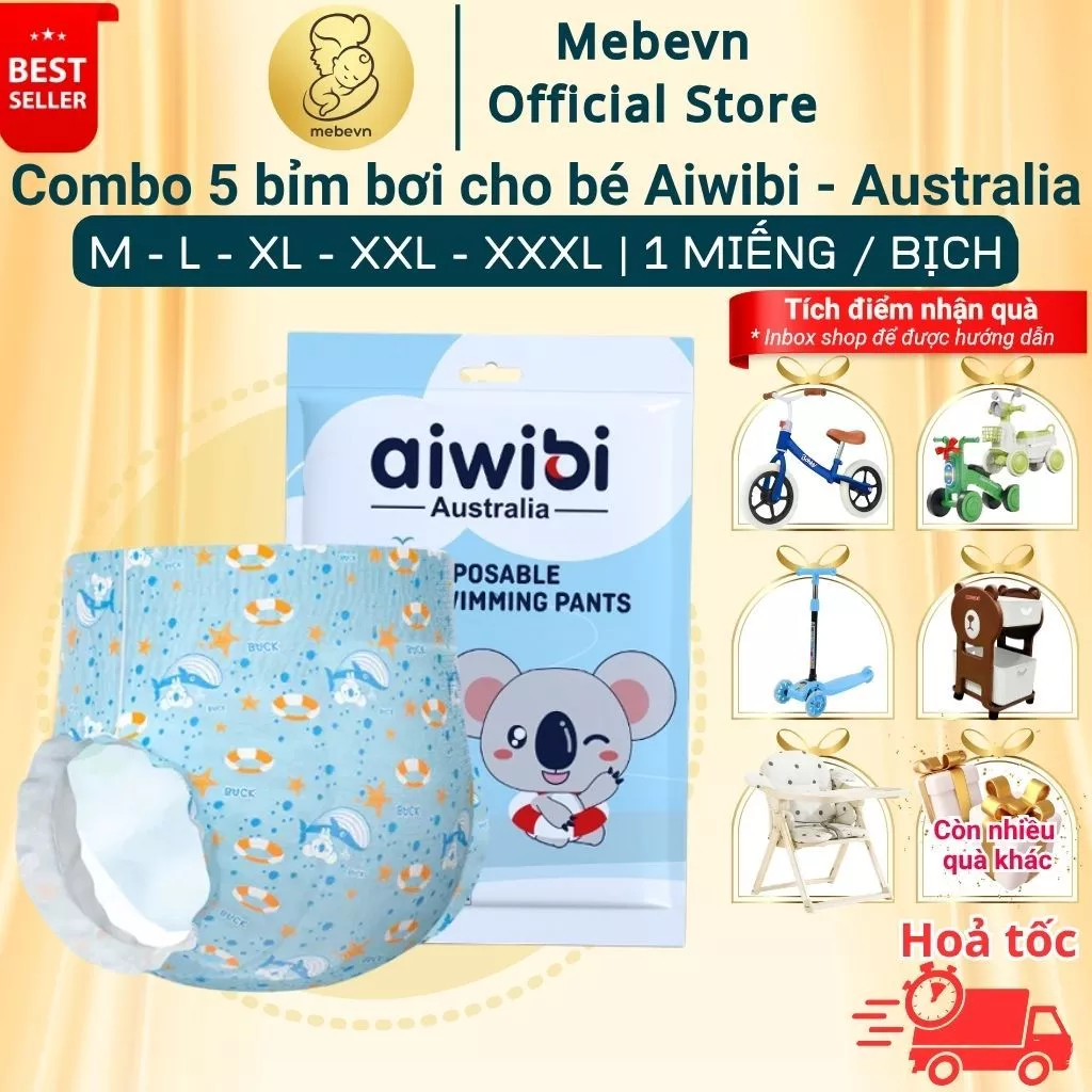 Combo 5 bỉm bơi cho bé Aiwibi của Australia, bỉm đi bơi cho bé cao cấp, không nặng tã khi bơi