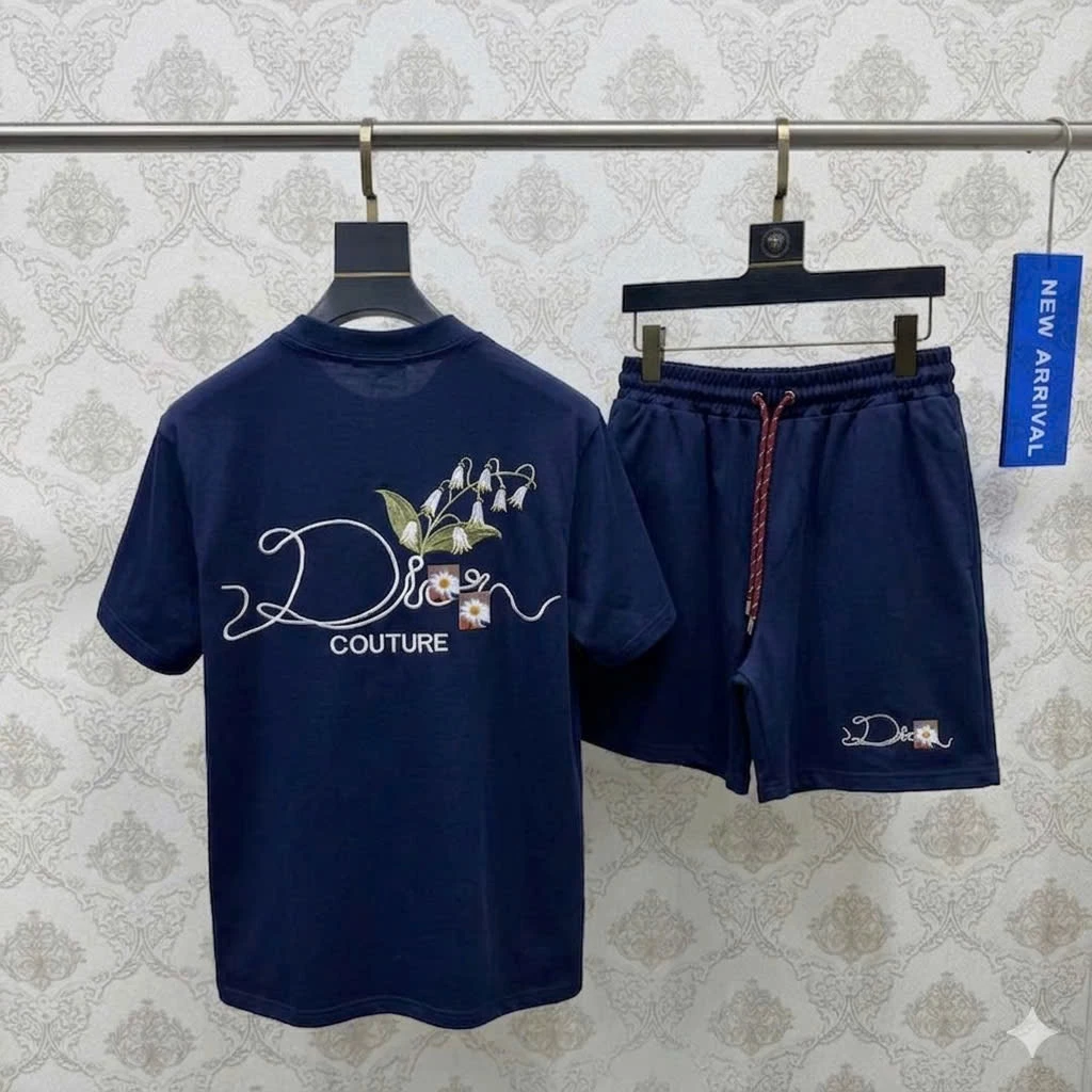 Đồ bộ quần áo nam mùa hè Bông Lúa_D_I_O thêu mận cotton thêu hoạ tiết logo chữ Thêu hai mặt quần gió basic boy phố