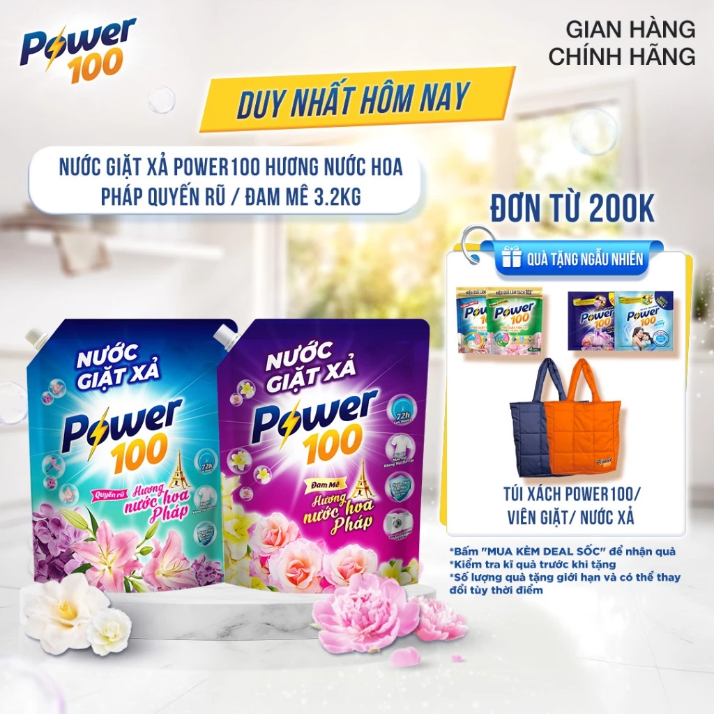 Thùng 4 Túi Nước Giặt Xả Power100 Hương Nước Hoa Pháp 3.2KG