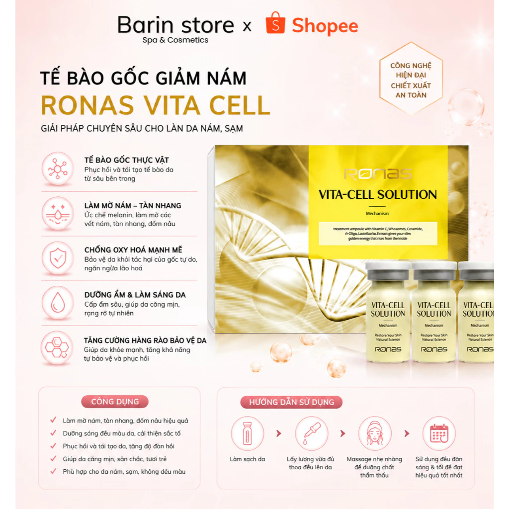Tế Bào Gốc Ronas Vita Cell Solution, Serum Ronas Vàng Dưỡng Da Sau Khi Lăn Kim