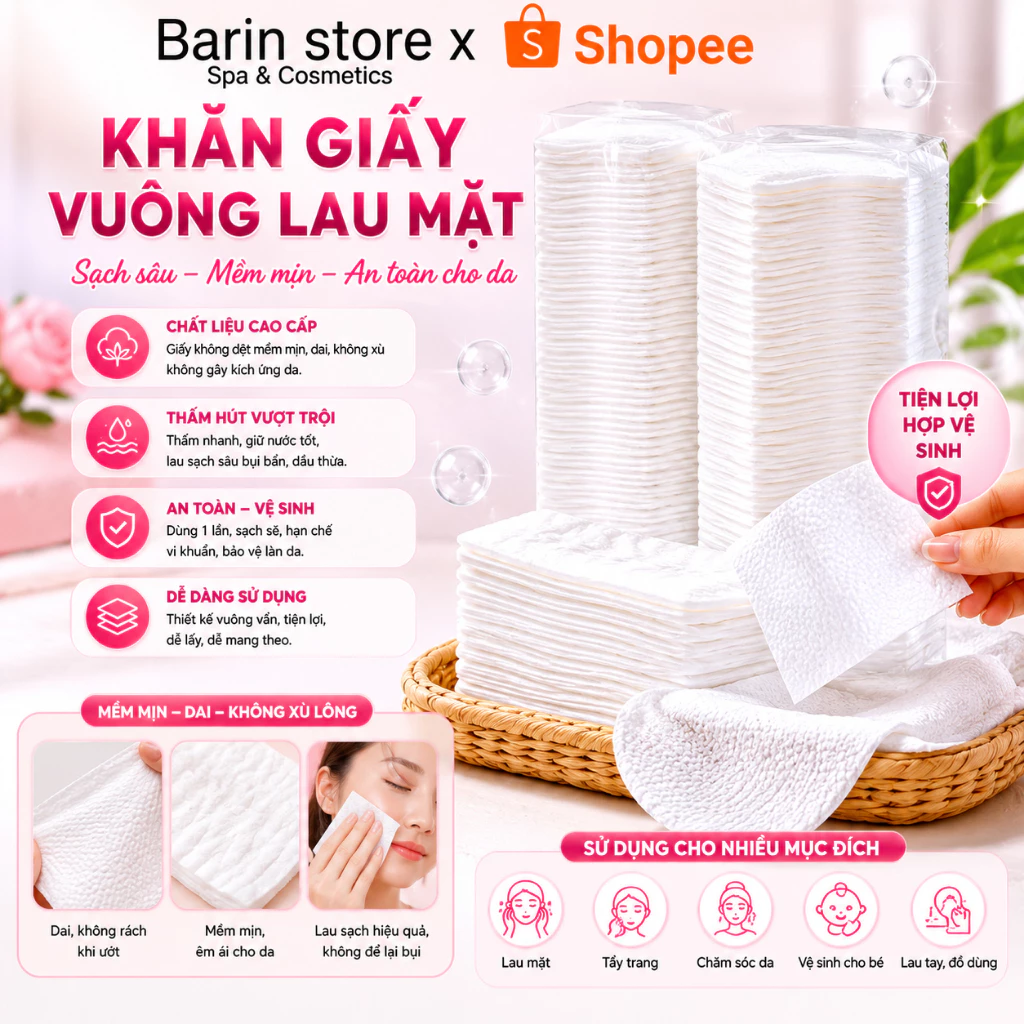 Khăn Giấy Vuông Lau Mặt Rửa Mặt Tẩy Trang Đa Năng | Cây 200 Tờ Dùng Cho Spa Thẩm Mỹ