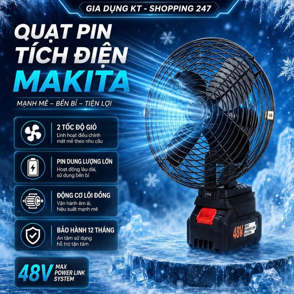 Quạt Để Bàn Tích Điện Chạy Pin MAKITA Công Suất Lớn, Làm Mát Nhanh, Kết Cấu Kim Loại Chắc Chắn, Hoạt Động Bền Bỉ