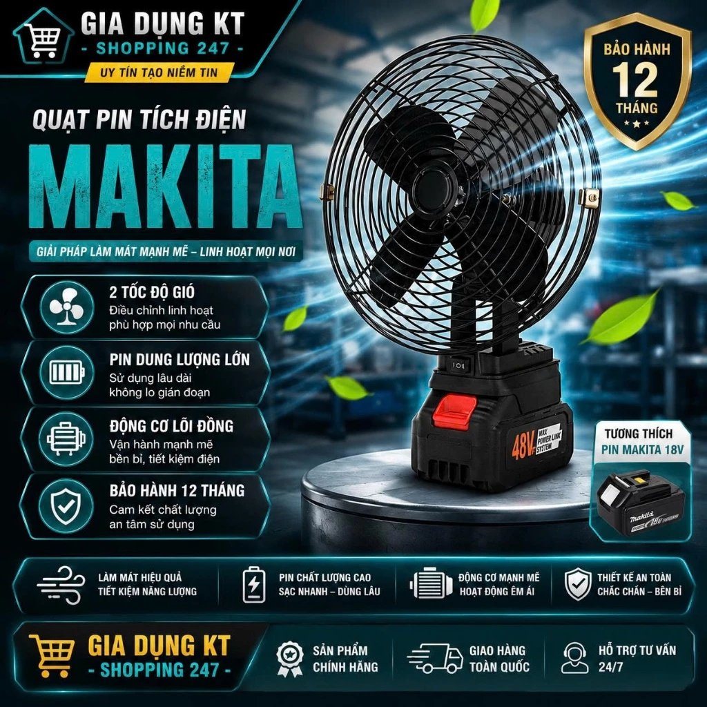 Quạt Tích Điện Dùng Pin MAKITA, Quạt Để Bàn Công Suất Lớn, Làm Mát Cực Nhanh, Kết Cấu Chắc Chắn, Hoạt Động Mạnh Mẽ